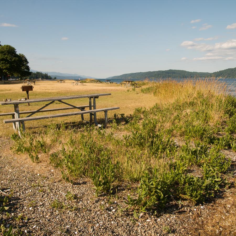 picnic table set above the lake shore in the open field of grass