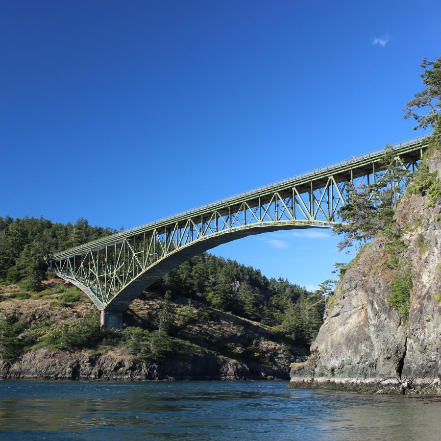 Deception Pass Bridge between two islands on a sunny day