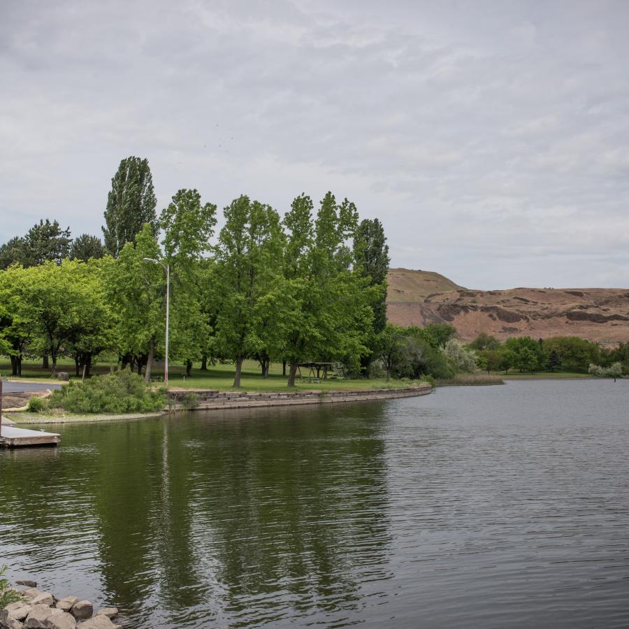 Green trees sit on a grassy lawn that goes to the water's edge. A boat launch sits on the left side of the lawn with a brown, semi-arid shrubsteppe hillside in the background.