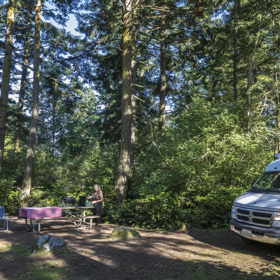 A woman is setting up a picnic table at her campsite on Spencer Spit. her white camper van is parked nearby. the campsite is surrounded by trees with the sun filtering though the branches.