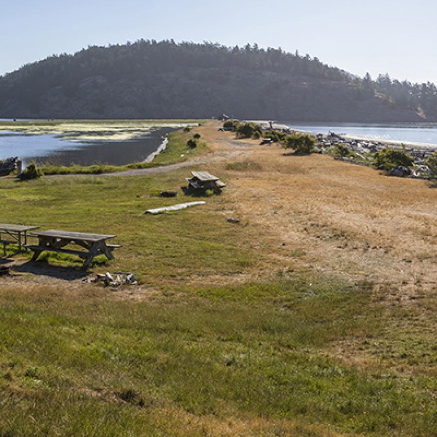 Picnic tables on Spencer Spit on a sunny day