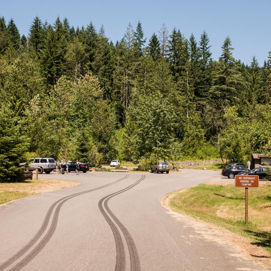 Parking area at Squak Mountain with some vehicles and visitors visible. A restroom building is visible on the right. The parking area is surrounded by trees. 
