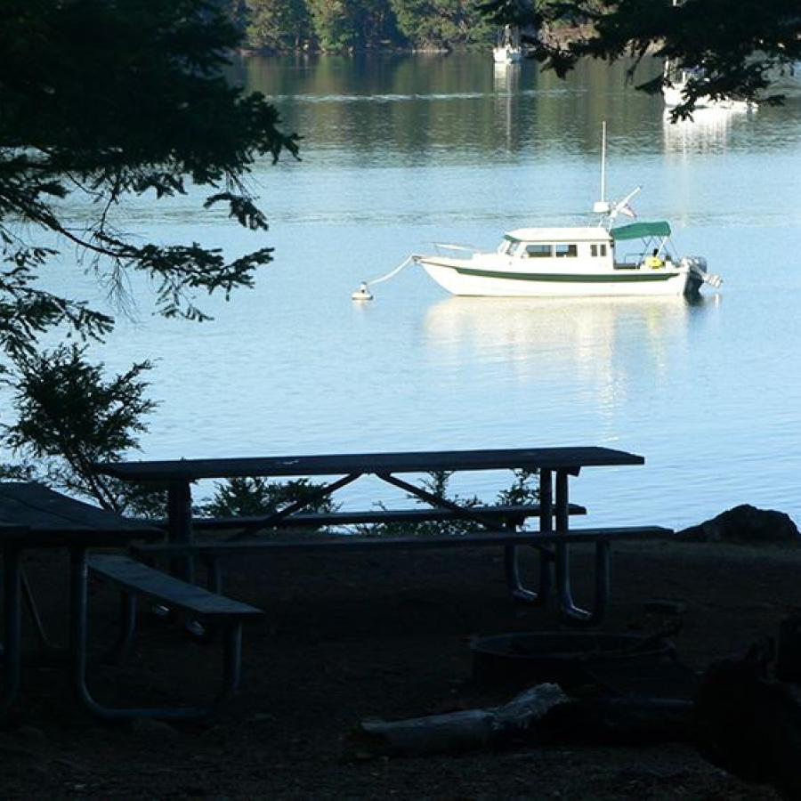 View from picnic table looking out towards the water with personal watercraft  moored