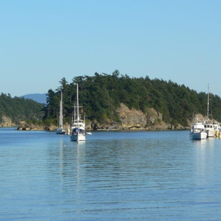 Boats anchored along cove of island
