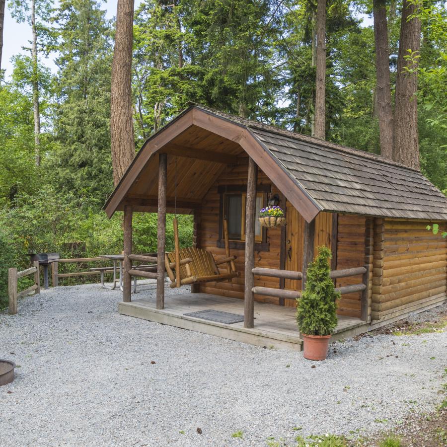 A log cabin, surrounded by gravel, tall trees and green bushes, sits peacefully with a porch swing, a firepit in front and a barbecue and table to the side. 