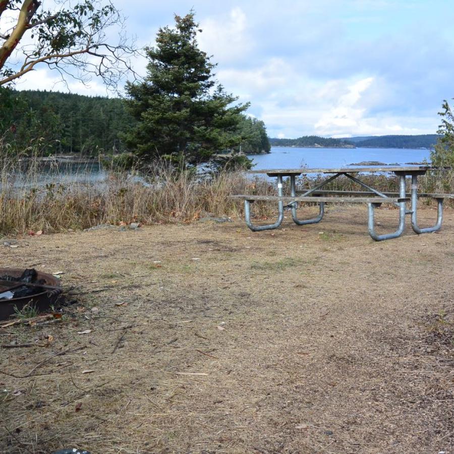 A campsite at Blind Island State Park, an island in the San Juans. The camping spot is dirt and dry weeks with one firepit and a picnic table. In the background are views of the water and surrounding islands.