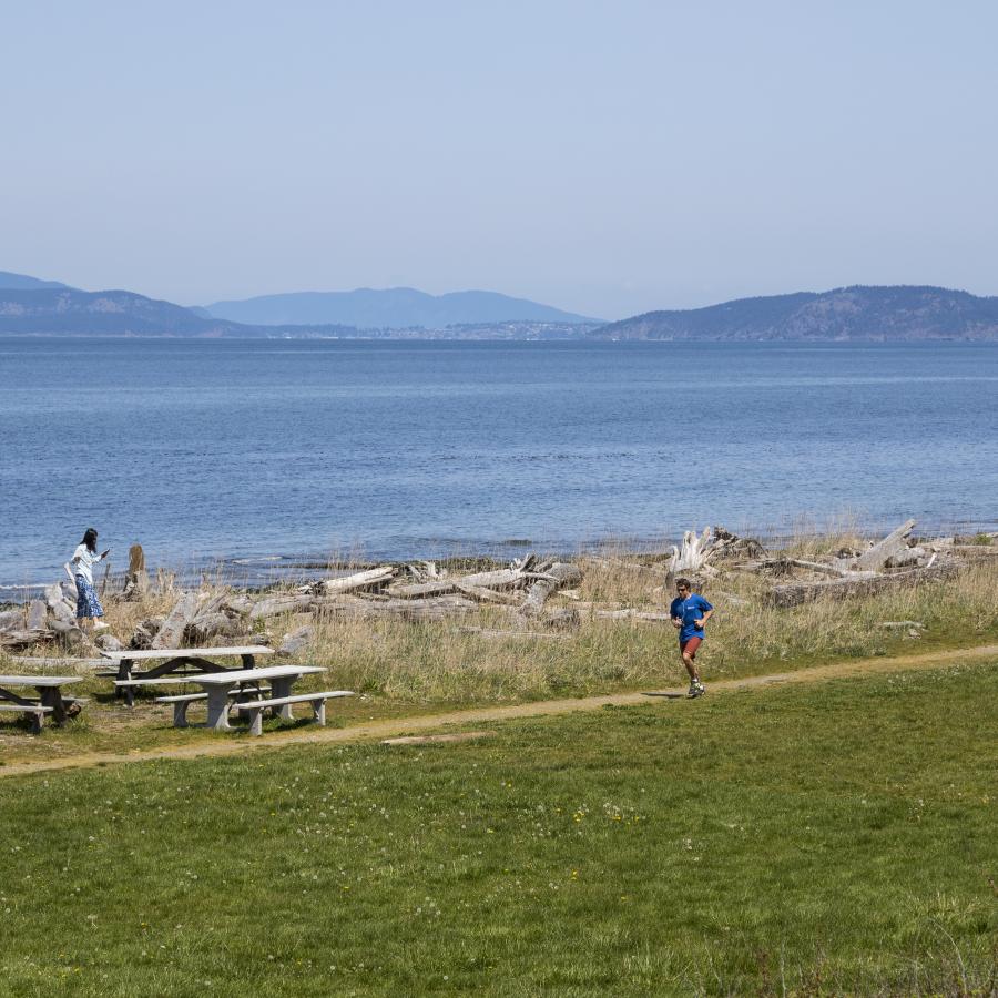 A jogger running on a dirt trail near a grassy lawn. Another person walking along the driftwood close to the water's edge. Mountains and a hazy sky are seen in the background.