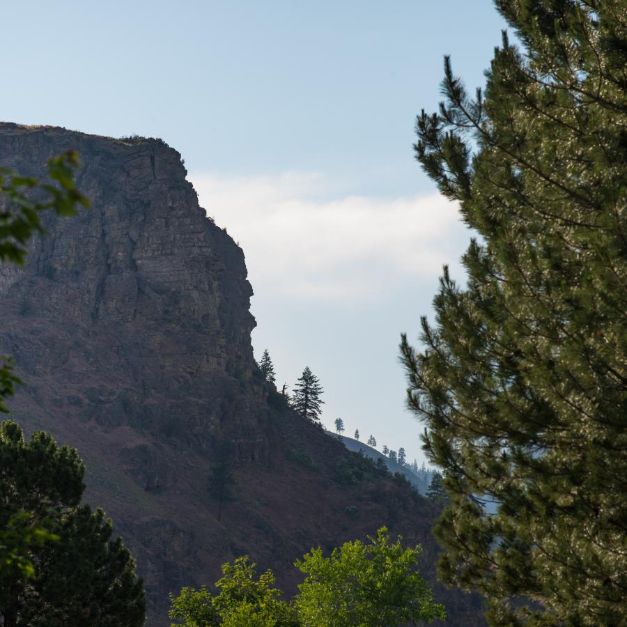 Looking between green trees is the rock formation resembling President Lincoln's facial profile. 