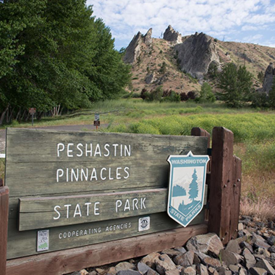 A wooden sign reading Peshastin Pinnacles State Park and bearing the Washington State Parks shield sits atop rounded stones. A grassy valley framed by tall pines, distant hillsides and a blue sky full of white clouds.