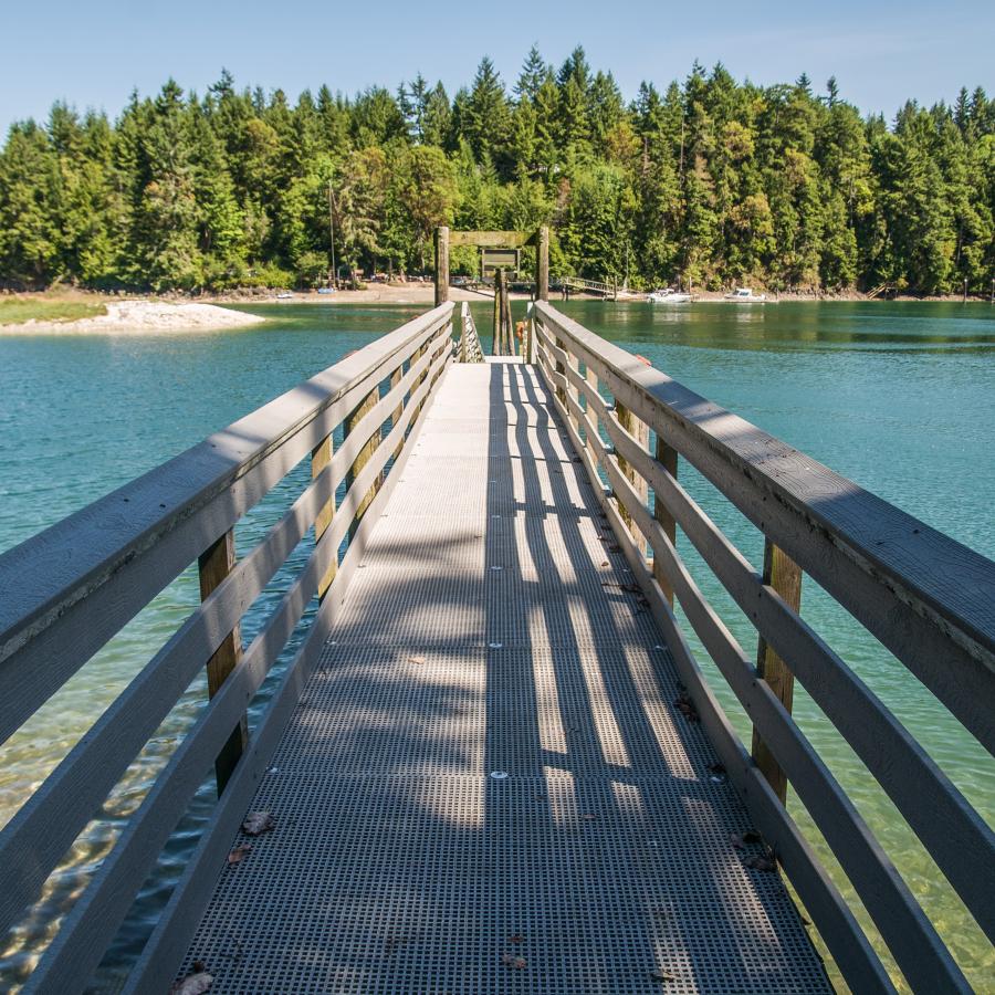 Looking down a long, tiered grey dock with wooden supports leading to blue-green water with tall evergreen trees and a blue sky in the background.
