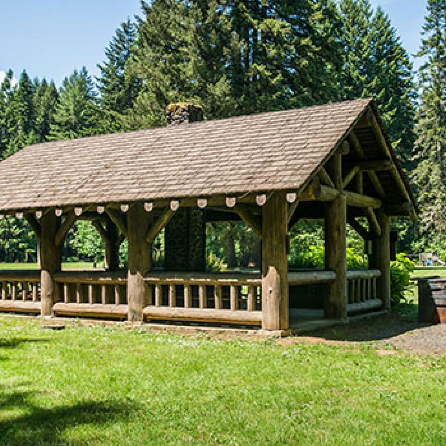 A log-frame kitchen shelter full of picnic set on a wide lawn. A thick pine forest under a blue sky forms the background.