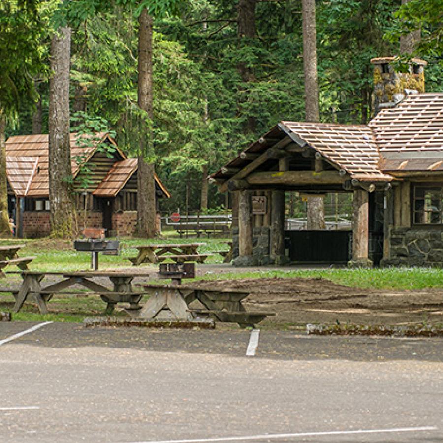 Twanoh State Park picnic area with tables and shelters.