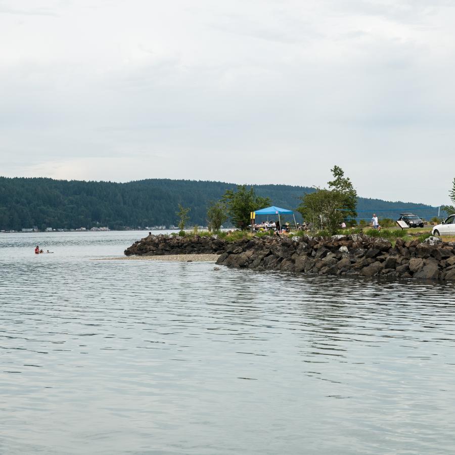 A calm Hood Canal shoreline where the water reflects the pale gray sky and the pines on shore. Dark land rises in the distance.