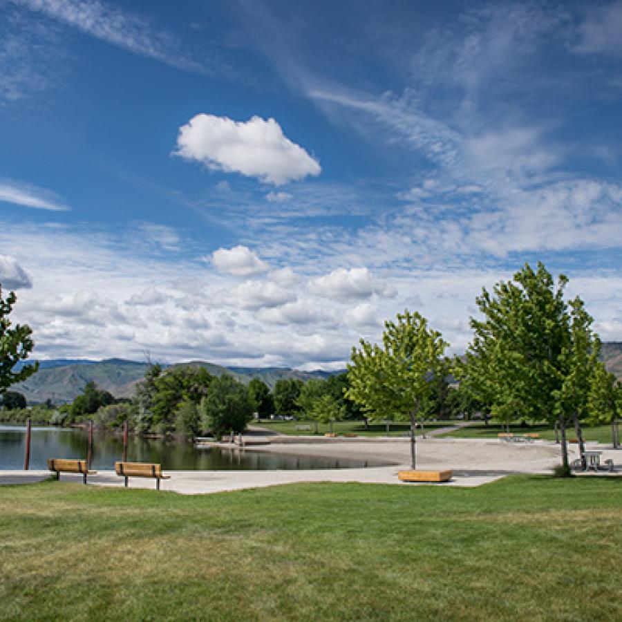 A wide shot of a brilliant blue sky with fluffy white clouds over a lawn, dotted with trees edging up against a sandy river shoreline. Low hills rise in the distance.