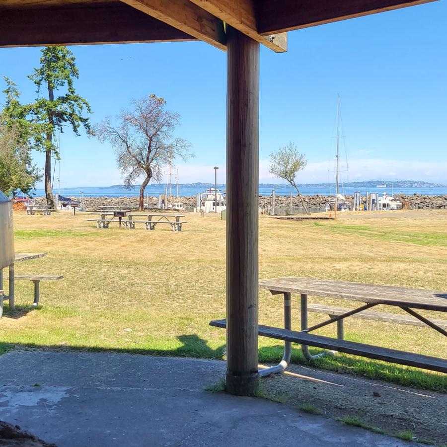 Blake island, day-use, picnic shelters, BBQ, rental, grass area, marina, Seattle view