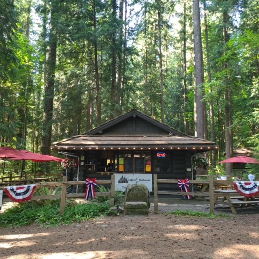 Lakeside Taproom cabin and tables