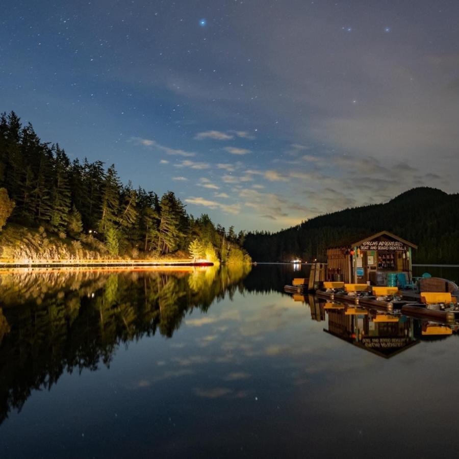 Cascade Lake at night with Orcas Adventures boat rentals