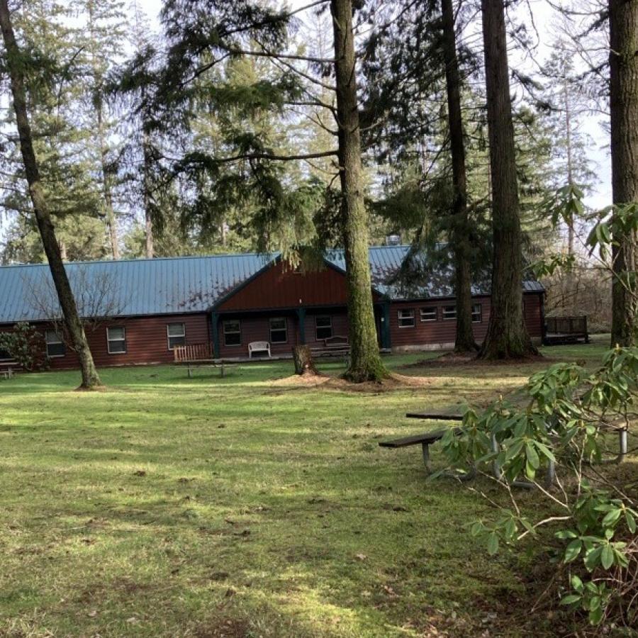 large log house lodge with a green roof and grassy front yard