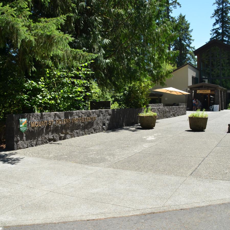 Large -wide sidewalk leading to entry of the Mount St. Helens Visitor Center