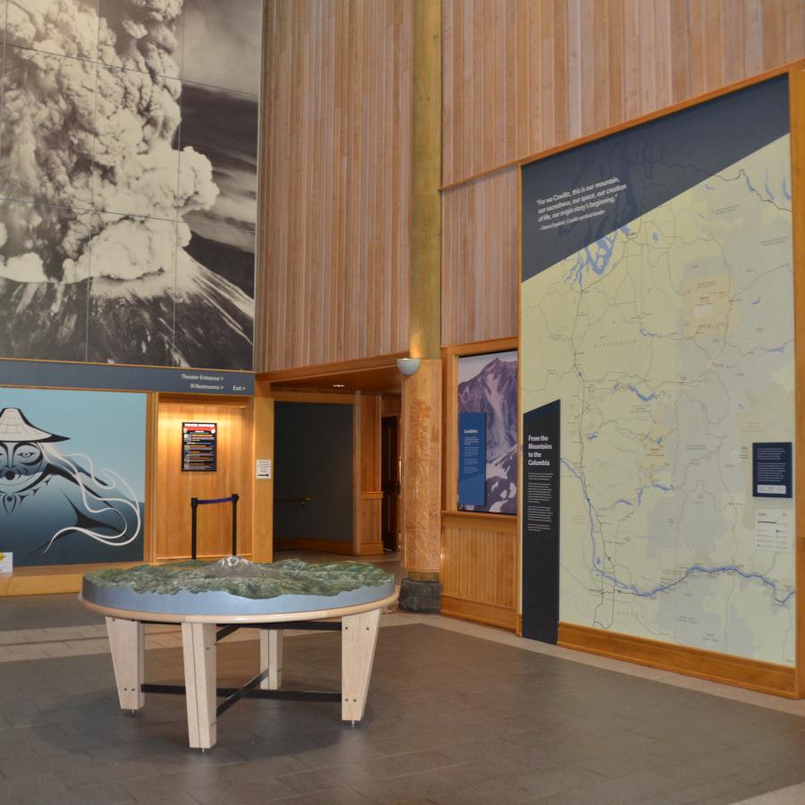 Information about Mount St Helens on large wall panels and topographic table map 
