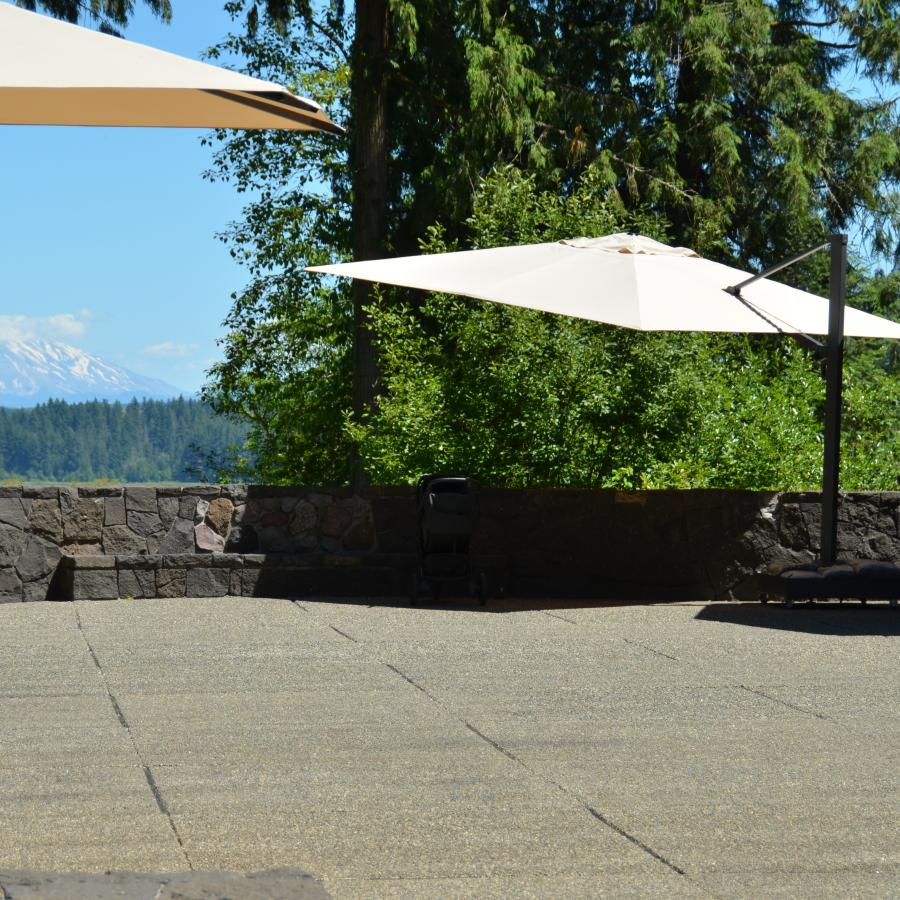 Mount St. Helens Patio with view of the Mount and patio umbrellas near entry way