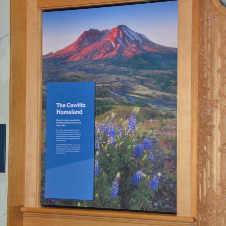 Cowlitz Tribe Homeland Information panel with picture of the mount