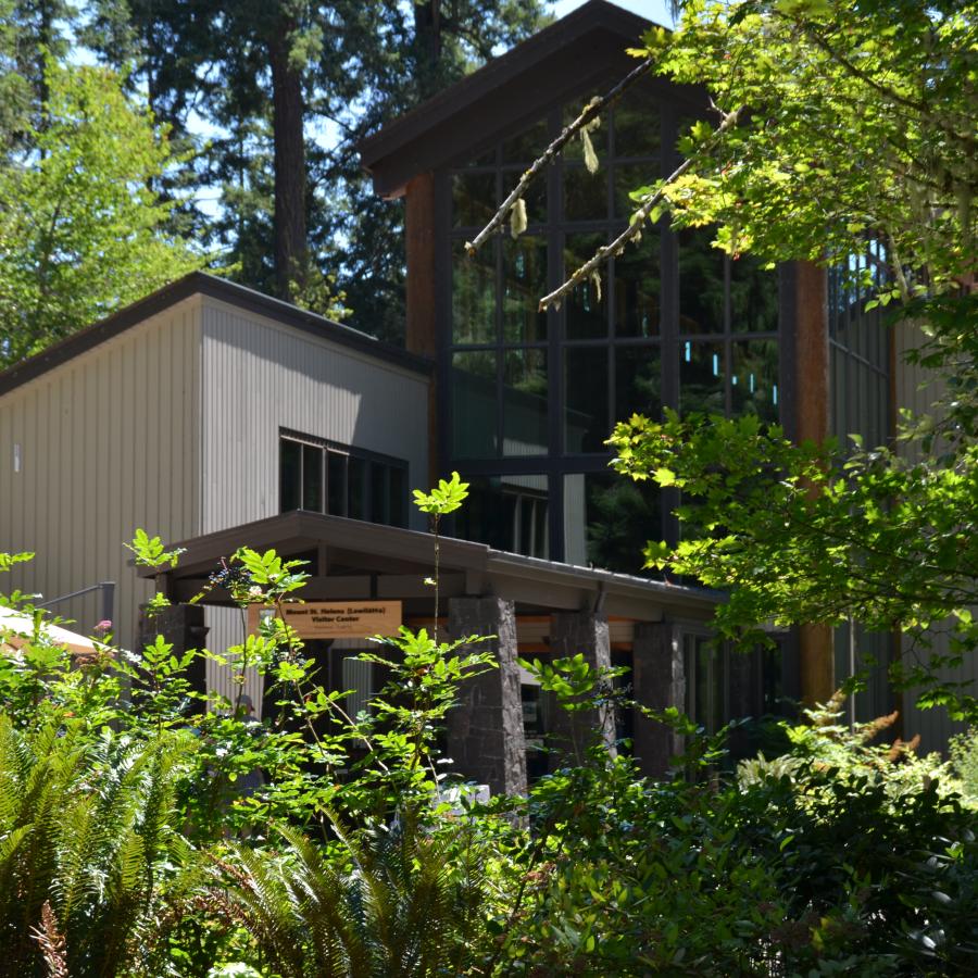 Exterior side view of the Mount St. Helens Visitor Center entry way