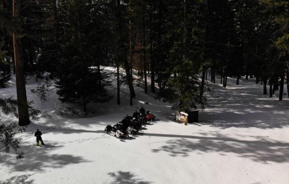 A shady forest road covered in deep snow leading to a parking area surrounded by trees. Five snowmobiles and their riders sit in the middle.