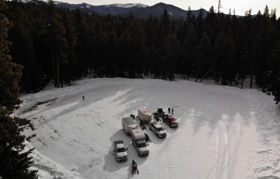 Four trucks, two with trailers, and five snowmobiles stand in the middle of a snow-covered parking area surrounded by a thick pine forest.