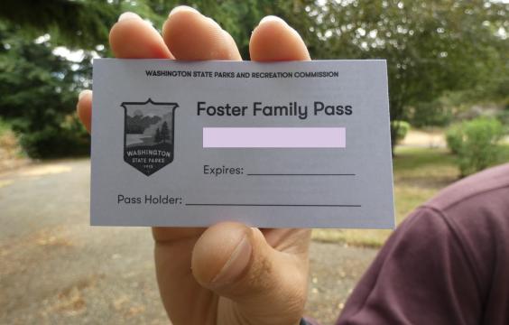 Hand holding a purple Foster Family pass.