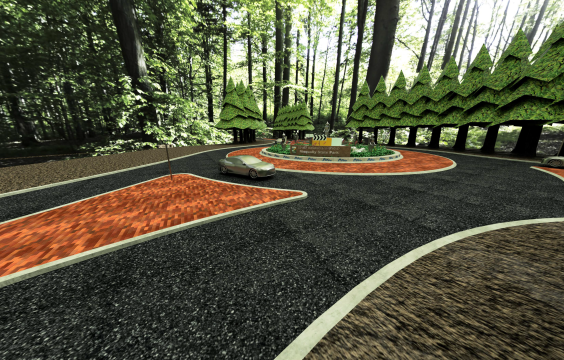 Digital rendering of a car driving around a roundabout