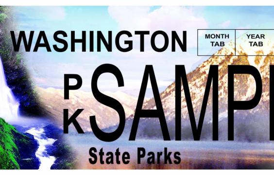A specialty license plate with an image of a waterfall next to a snow-covered mountain. There are more mountains in the distance and a blue sky overhead.